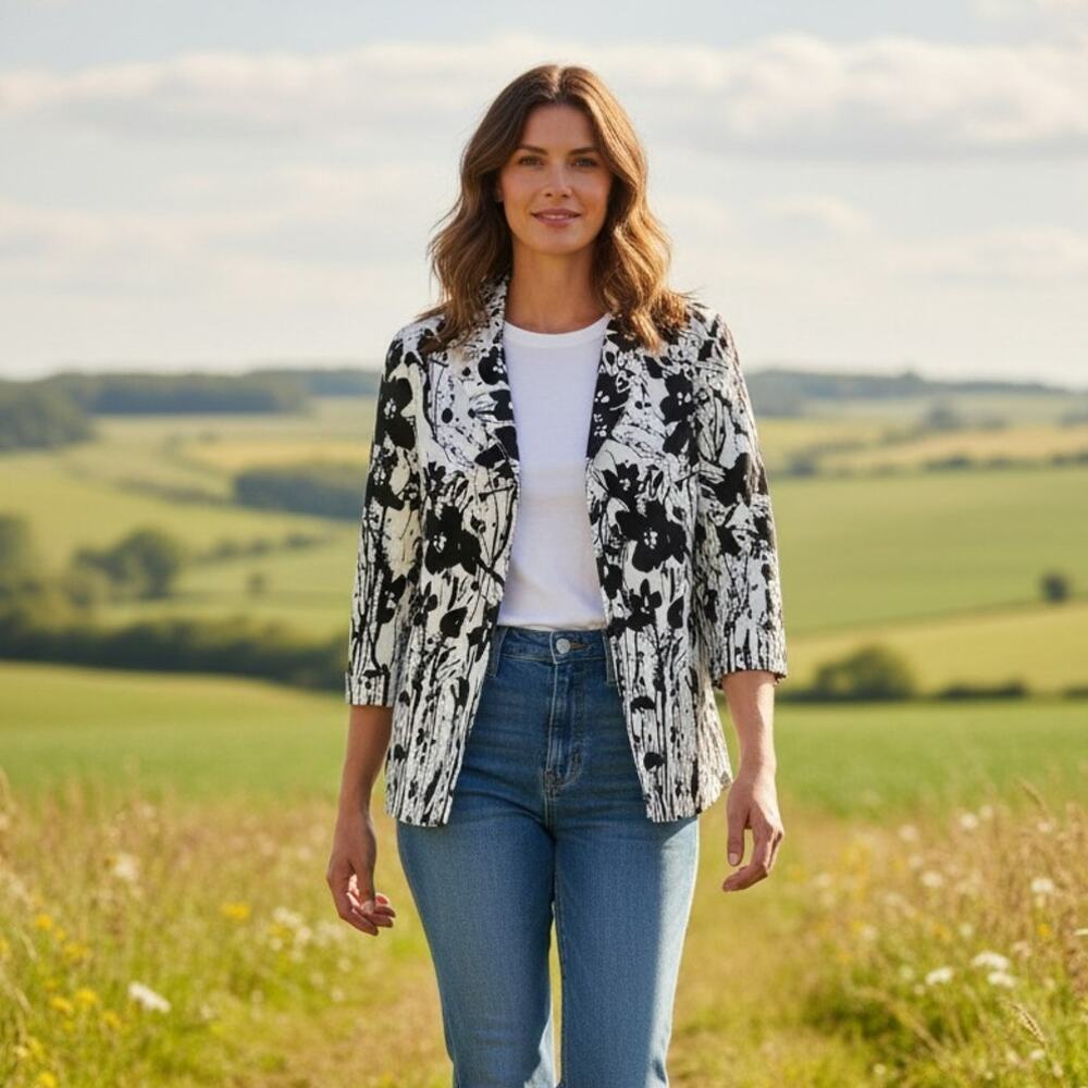 Coldwater Creek Jacket Blazer Womens 10 White Black Floral Linen 3/4 Sleeve Boho